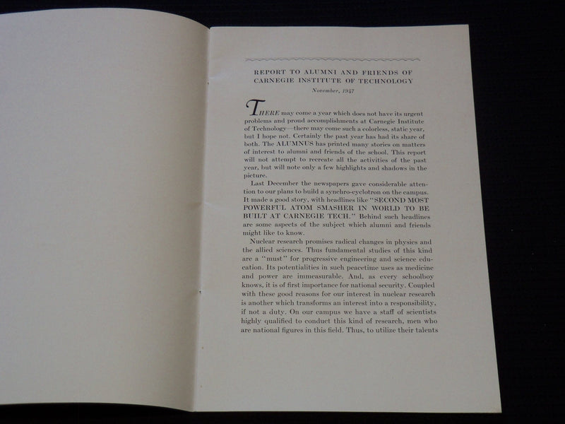 1947 NOVEMBER CARNEGIE INSTITUTE OF TECHNOLOGY REPORT - SCHENLEY PARK - J 8066