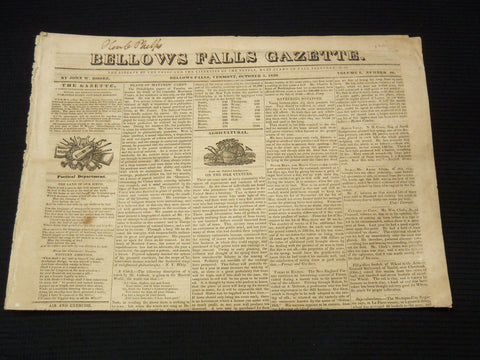 1839 OCTOBER 5 BELLOWS FALLS GAZETTE NEWSPAPER - VERMONT - NP 3297G
