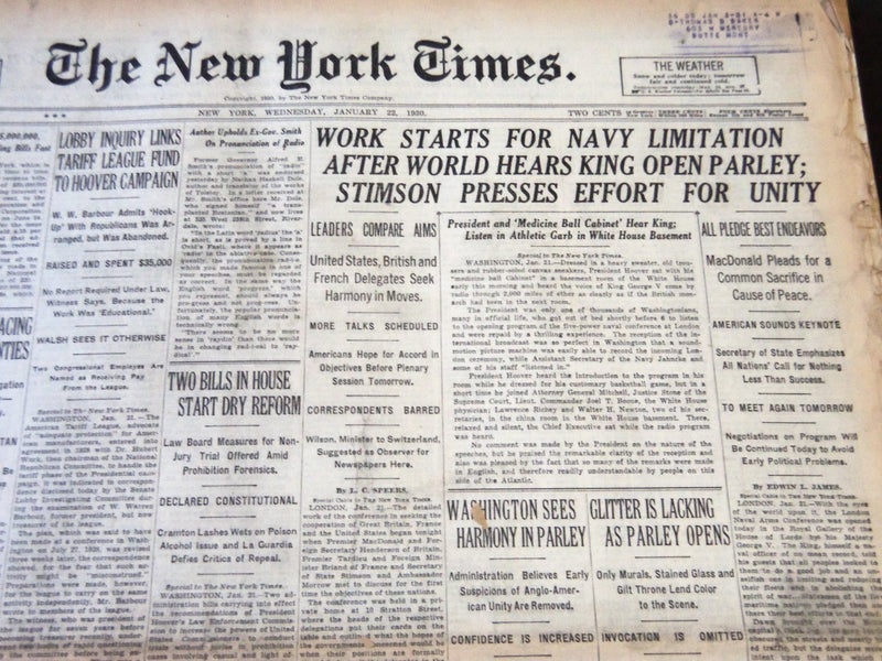1930 JANUARY 22 NEW YORK TIMES - WORK STARTS FOR NAVY LIMITATION - NT 5665