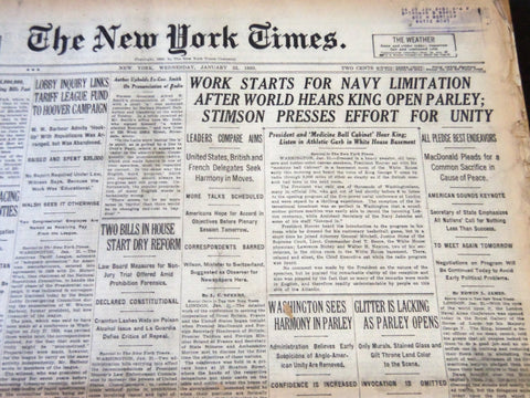 1930 JANUARY 22 NEW YORK TIMES - WORK STARTS FOR NAVY LIMITATION - NT 5665
