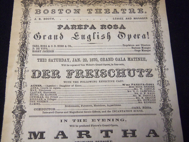 1870 BOSTON THEATRE DER FREISCHUTZ MARRIAGE OF FIGARO HANDBILL - J 5388