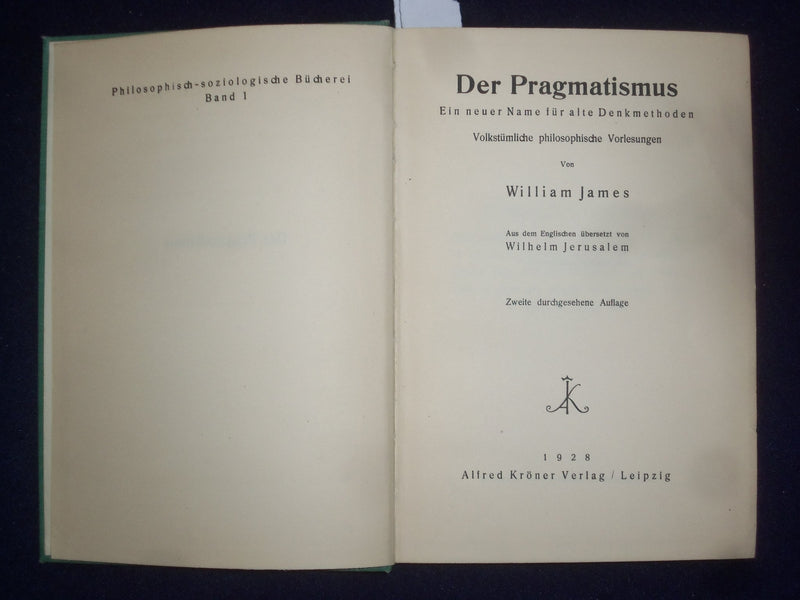 1928 DER PRAGMATISMUS HARDCOVER BOOK VON WILLIAM JAMES - GERMAN - KD 9009