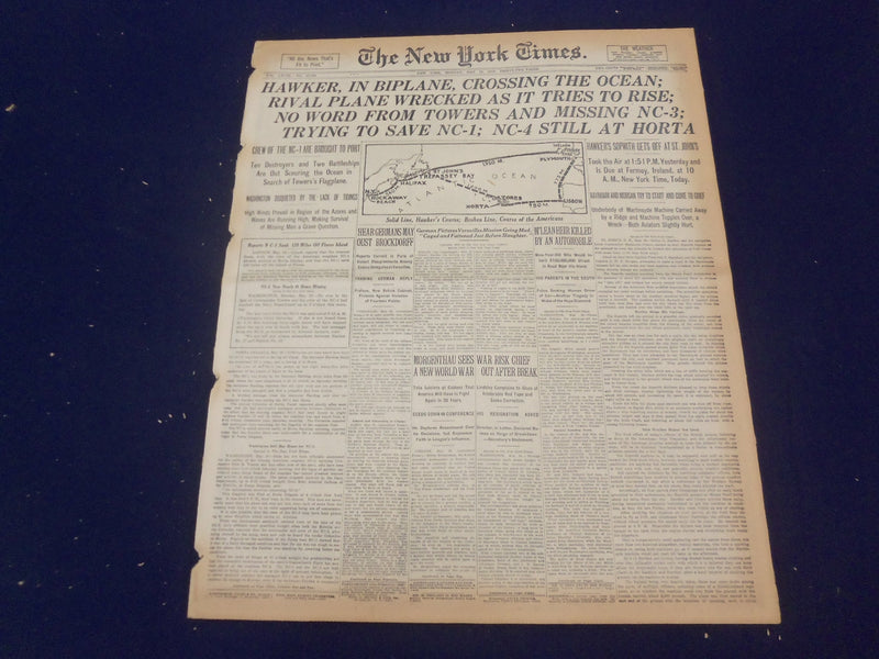1919 MAY 19 NEW YORK TIMES - HAWKER IN BIPLANCE CROSSING THE OCEAN - NT 9252