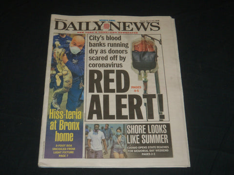 2020 MAY 16 NEW YORK DAILY NEWS NEWSPAPER - RED ALERT! - CITY BLOOD BANKS