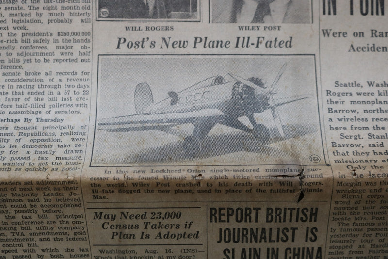 1935 AUGUST 16 PEORIA EVENING STAR NEWSPAPER - POST AND ROGERS KILLED - NP 9224