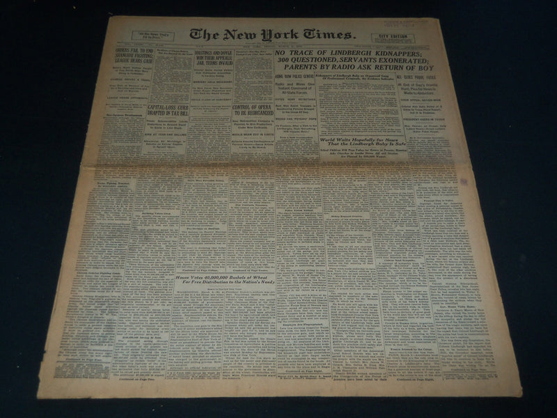 1932 MARCH 4 NEW YORK TIMES - WORLD WAITS HOPEFULLY THAT BABY IS SAFE - NT 7430