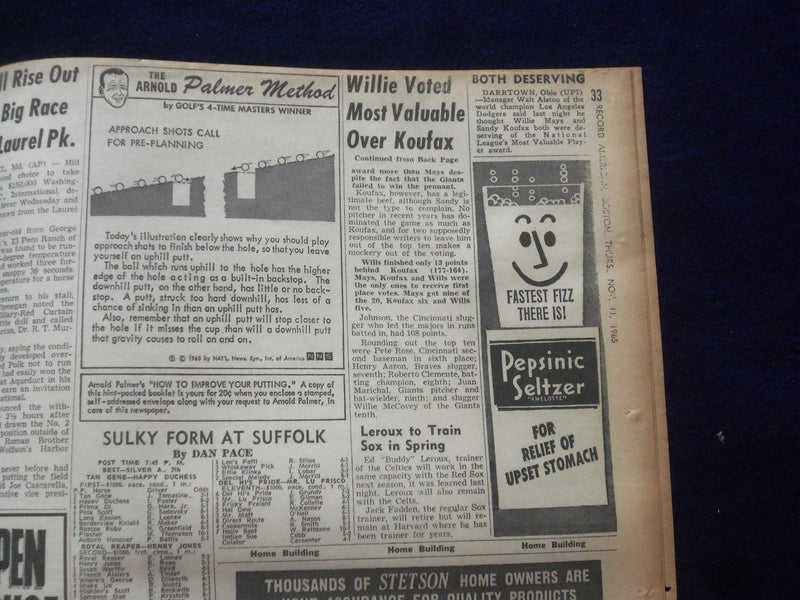 1965 NOV 11 BOSTON RECORD AMERICAN NEWSPAPER - WILLIE MAYS NAMED MVP - NP 6311