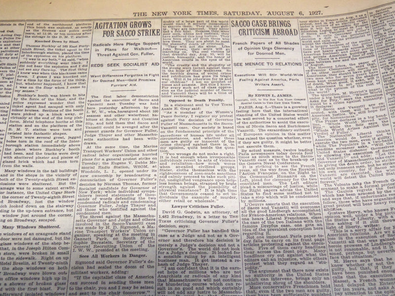 1927 AUGUST 6 NEW YORK TIMES NEWSPAPER - SACCO REPRISALS SUSPECTED - NT 9563