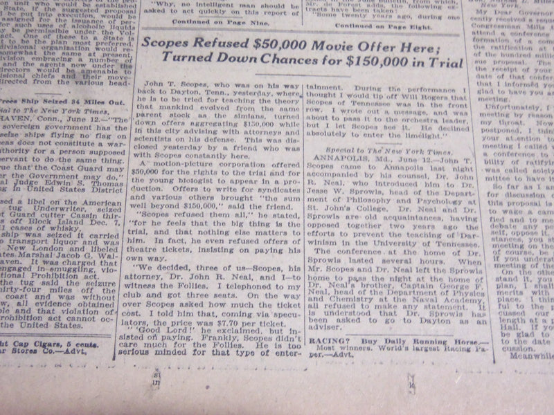 1925 JUNE 13 NEW YORK TIMES - SCOPES REFUSED $50,000 MOVIE OFFER - NT 5410