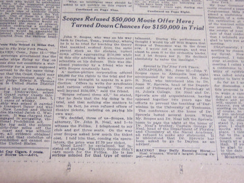 1925 JUNE 13 NEW YORK TIMES - SCOPES REFUSED $50,000 MOVIE OFFER - NT 5410