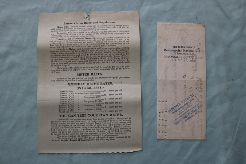 1907 SYRACUSE NEW YORK BUREAY OF WATER BILL AND CHECK - K 2528