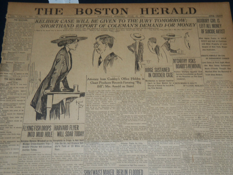 1910 JUNE 15 THE BOSTON HERALD - KELIHER CASE GOES TO JURY TOMORROW - BH 351