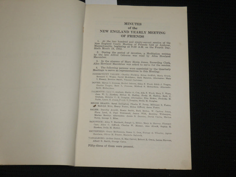 1952 MINTUES OF THE NEW ENGLAND YEARLY MEETING OF FRIENDS BOOK - J 7048