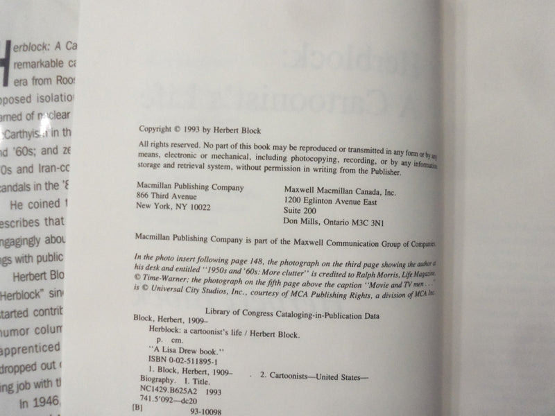 1993 HERBLOCK: A CARTOONIST'S LIFE BOOK - INSCRIBED BY HERBERT BLOCK - KD 8564