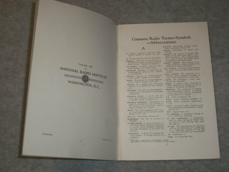 1935 COMMON RADIO TERMS SYMBOLS ABBREVIATIONS - NATIONAL RADIO INSTITUTE -J 6314