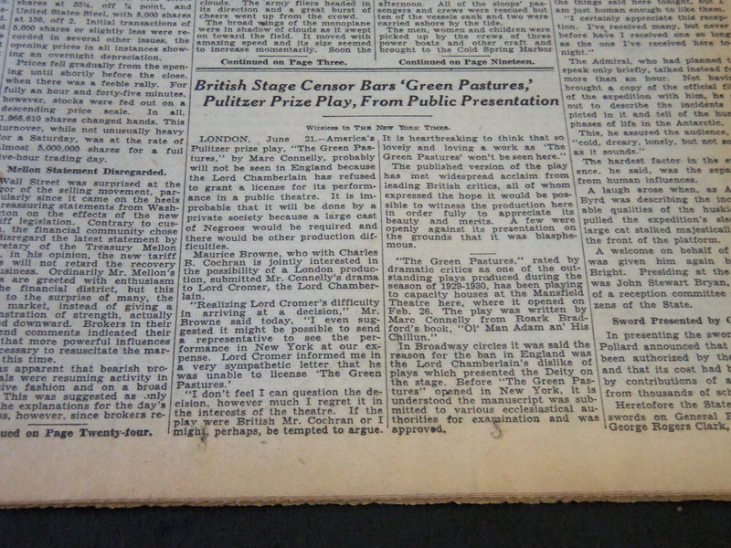 1930 JUNE 22 NEW YORK TIMES - BRITISH STAGE CENSOR BARS GREEN PASTURES - NT 5659