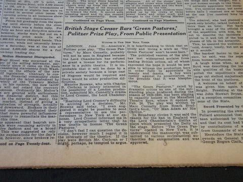 1930 JUNE 22 NEW YORK TIMES - BRITISH STAGE CENSOR BARS GREEN PASTURES - NT 5659