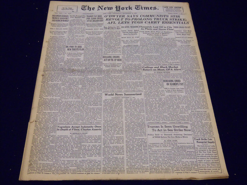 1946 SEPT 11 NEW YORK TIMES NEWSPAPER O'DWYER SAYS COMMUNISTS STIR REVOLT- NT 51