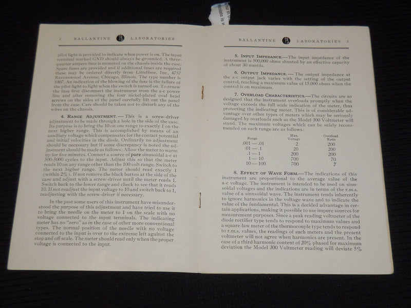 1949 APRIL INSTRUCTIONS FOR AC ELECTRONIC VOLTMETER MODEL 300 - 7TH EDN - J 9896