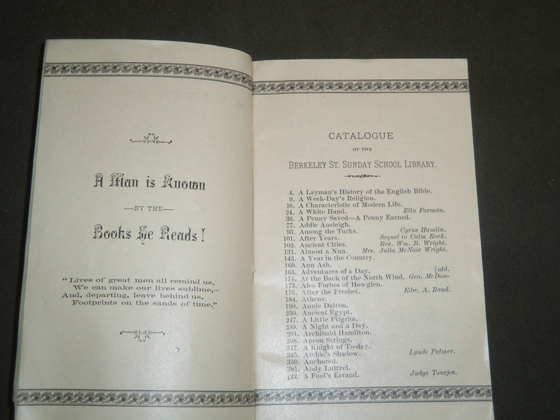 1889 CATALOGUE OF THE BERKELEY ST. SUNDAY SCHOOL LIBRARY - BOSTON - J 4800