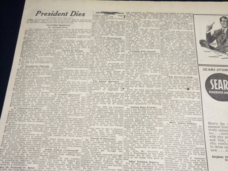 1945 APRIL 13 ARIZONA REPUBLIC NEWSPAPER - PRESIDENT ROOSEVELT DIES - NP 4514