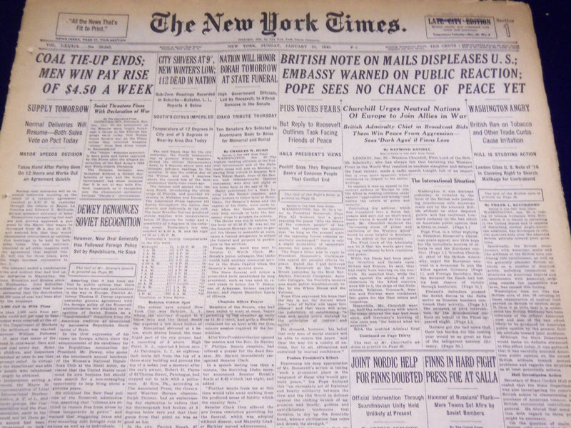 1940 JANUARY 21 NEW YORK TIMES - WILLIAM BORAH DEAD AT 74 - NT 2889