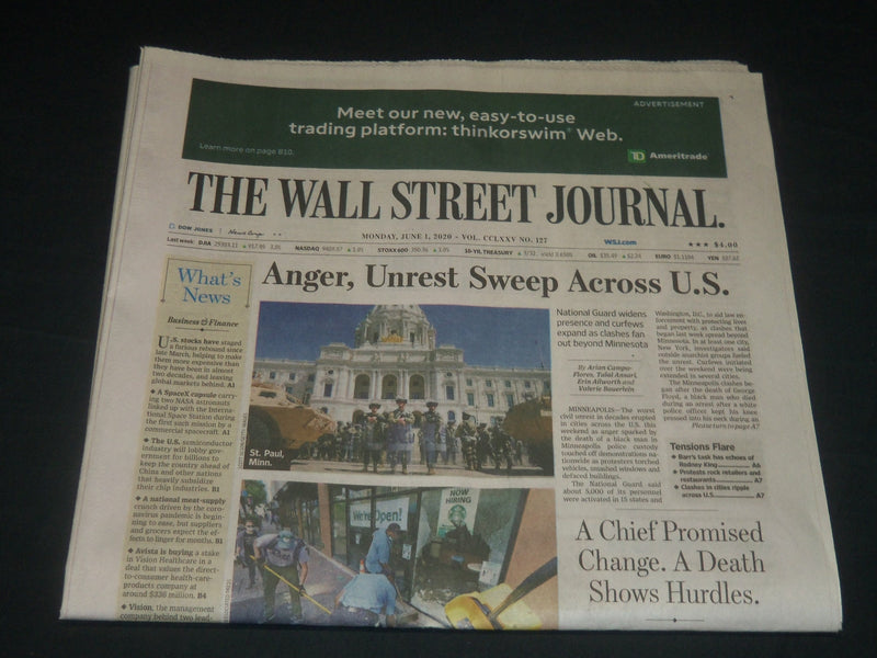 2020 JUNE 1 THE WALL STREET JOURNAL NEWSPAPER - ANGER, UNREST SWEEP ACROSS U. S.