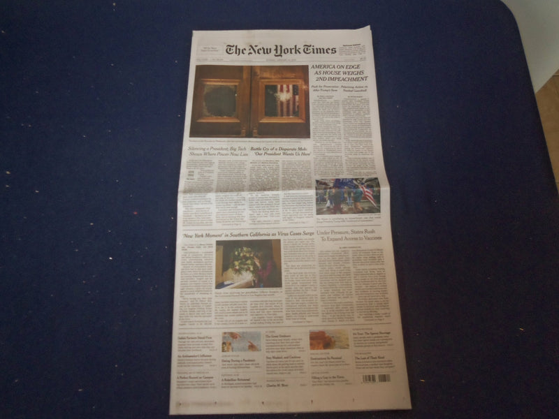 2021 JANUARY 10 NEW YORK TIMES - AMERICA ON EDGE AS HOUSE WEIGHS 2ND IMPEACHMENT