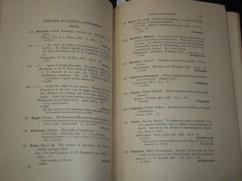 1912 CAPITAL PUNISHMENT SELECT LIST OF REFERENCES BOOK - HERMANN MEYER - K 3104
