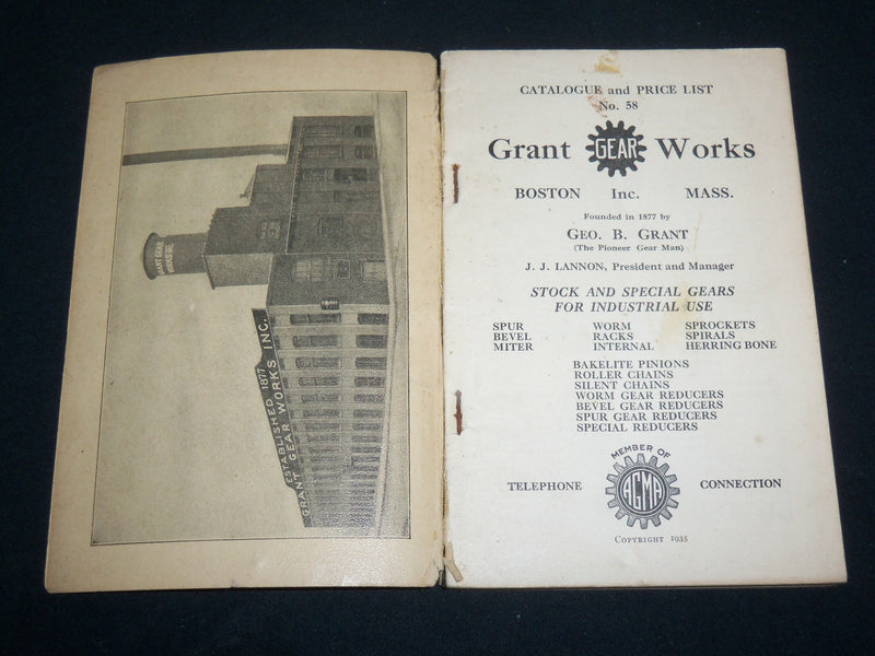 1935 GRANT GEAR WORKS CATALOGUE - WORM REDUCTION UNITS - BOSTON - J 6586