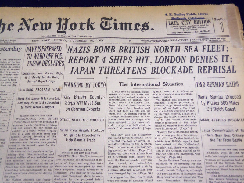 1939 NOVEMBER 26 NEW YORK TIMES - NAZIS BOMB BRITISH NORTH SEA FLEET - NT 570