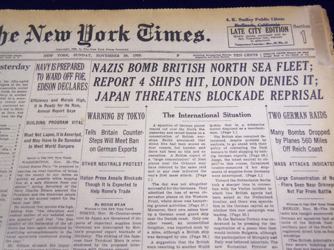 1939 NOVEMBER 26 NEW YORK TIMES - NAZIS BOMB BRITISH NORTH SEA FLEET - NT 570