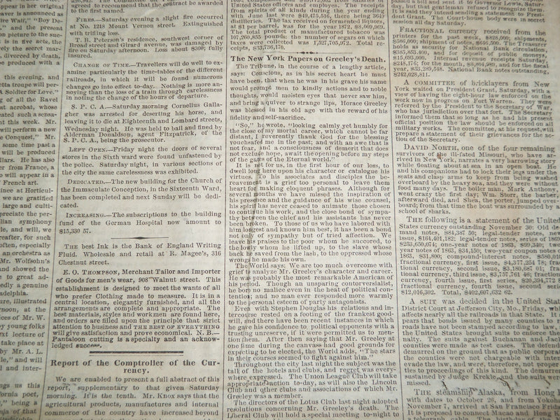 1872 DEC 2 NORTH AMERICAN & UNITED STATES GAZETTE NEWSPAPER - GREELEY - NP 4180