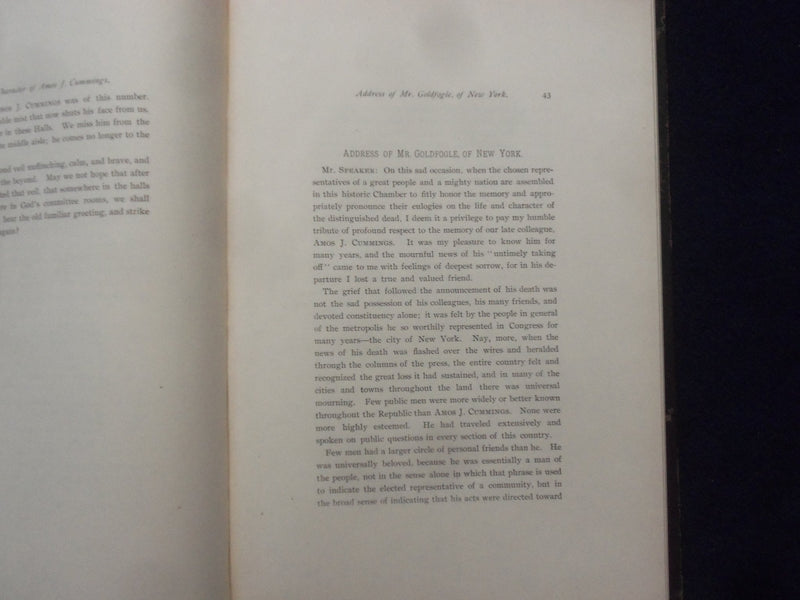1903 AMOS J. CUMMINGS MEMORIAL ADDRESSES HARDCOVER BOOK - K 201