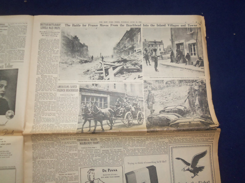 1944 JUNE 13 NEW YORK TIMES -AMERICANS WIN CARENTAN, A KEY TO CHERBOURG- NP 6566
