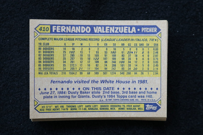 FERNANDO VALENZUELA 1987 TOPPS BASEBALL CARDS-CARD #410 - NM-MT -LOT OF 22- #209