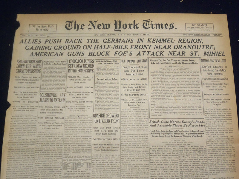 1918 MAY 6 NEW YORK TIMES - ALLIES PUSH GERMANS IN KEMMEL REGION - NT 8173
