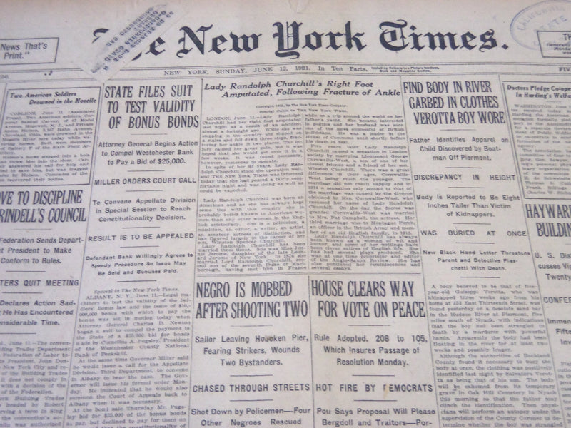 1921 JUNE 12 NEW YORK TIMES - NEGRO IS MOBBED AFTER SHOOTING TWO - NT 5503