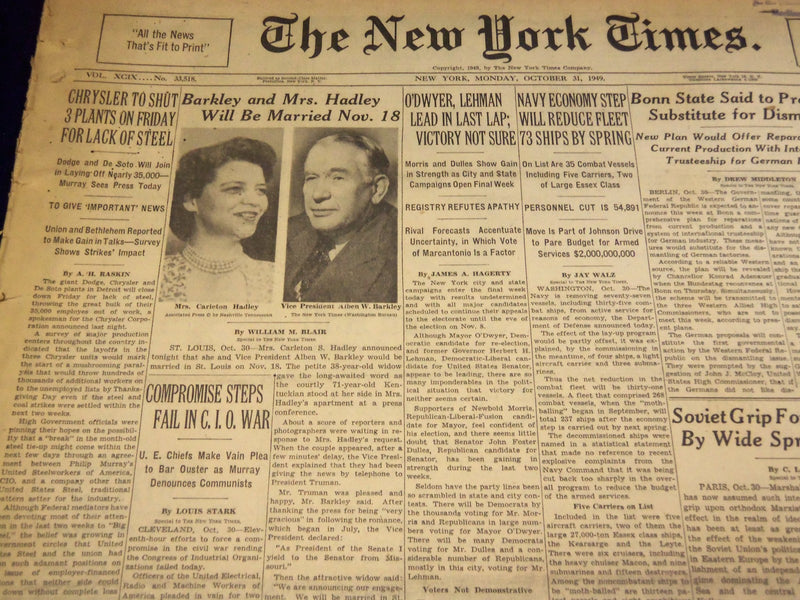 1949 OCT 31 NEW YORK TIMES - BARKLEY AND MRS. HADLEY WILL MARRY - NT 2637