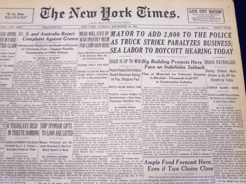 1946 SEPT 10 NEW YORK TIMES NEWSPAPER - MAYOR TO ADD 2,000 TO THE POLICE - NT 52