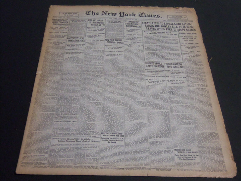 1920 MARCH 30 NEW YORK TIMES - TOLL OF DEATH IN TORNADOES AT 165 - NT 6744