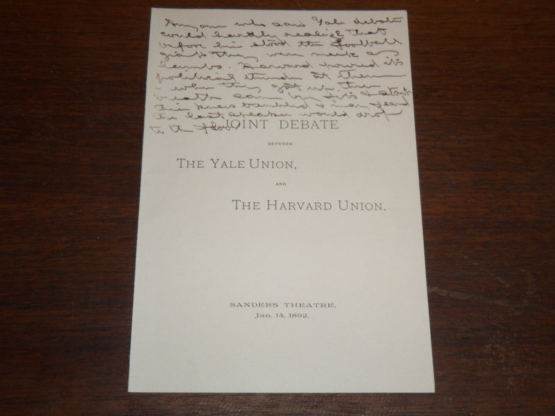 1892 JANUARY 14 YALE UNION AND HARVARD UNION JOINT DEBATE PROGRAM - K 1206
