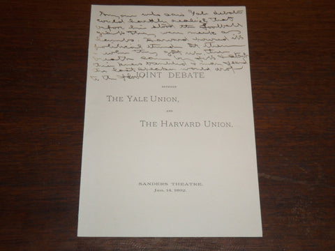 1892 JANUARY 14 YALE UNION AND HARVARD UNION JOINT DEBATE PROGRAM - K 1206