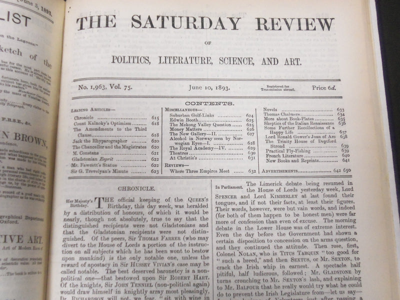 1893 SATURDAY REVIEW 2 BOUND VOLUMES - COMPLETE YR- PUBLISHED IN LONDON - R 1114
