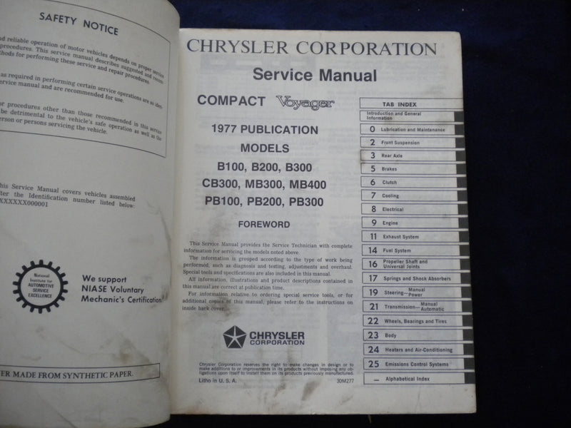 1977 DODGE COMPACT - PLYMOUTH VOYAGER SERVICE MANUAL - SOFTCOVER - KD 8012