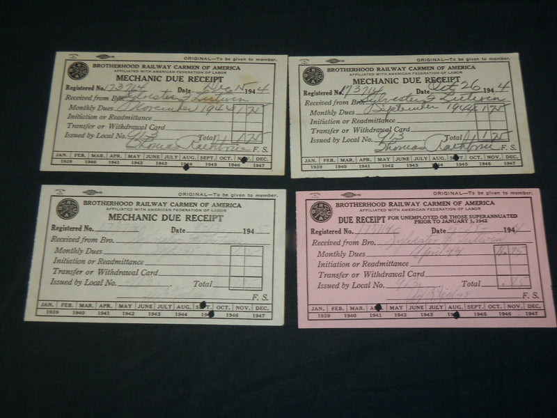 1941-1946 BROTHERHOOD RAILWAY CARMEN MECHANIC'S DUE RECEIPTS LOT OF 52 - J 5976