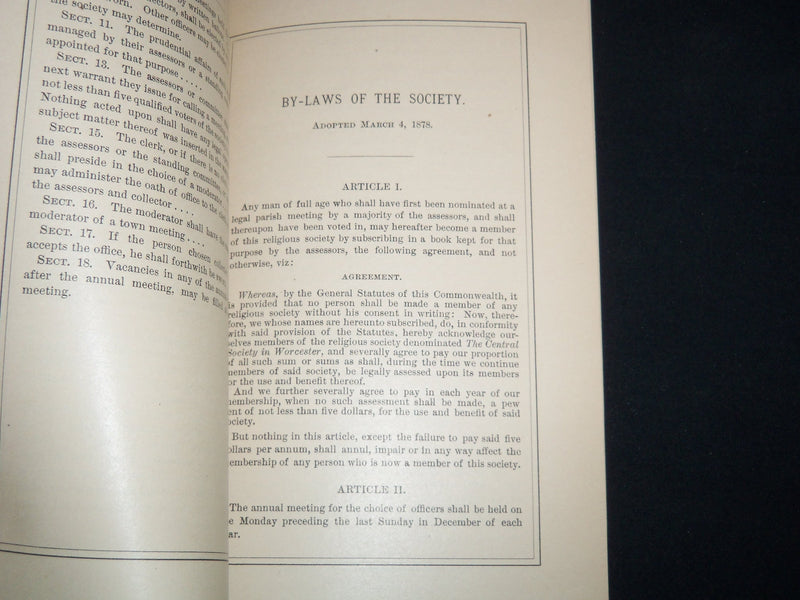 1880 THE CENTRAL SOCIETY IN WORCESTER BOOKLET - HISTORICAL SKETCH - J 8810