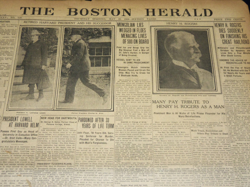 1909 MAY 20 THE BOSTON HERALD - PRESIDENT LOWELL AT HARVARD HELM - BH 401
