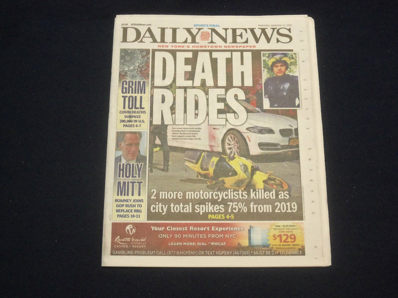2020 SEPTEMBER 23 NEW YORK DAILY NEWS NEWSPAPER - GERRIT COLE CLOBBER RAYS