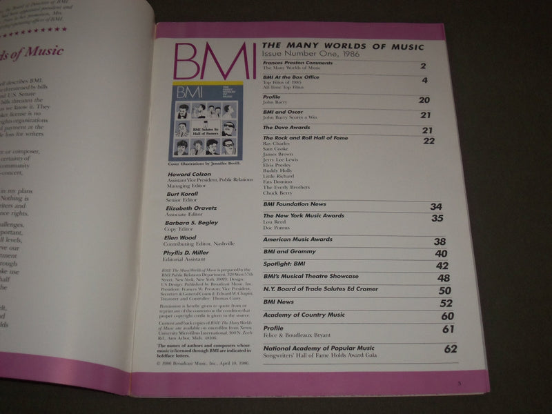 1986 BMI MANY WORLDS OF MUSIC MAGAZINE ISSUE NUMBER 1 - HALL OF FAMERS - SP 6065